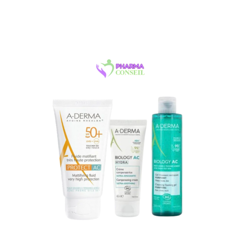 A-DERMA AC Hydra Crème Compensatrice + ADERMA PROTECT AC Fluide Matifiant SPF50+ et Gel Moussant Nettoyant Purifiant Bio