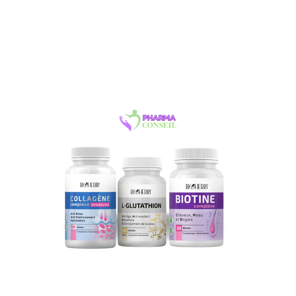 Le Trio Gold beauté Bioherbs Collagène , Acide Hyaluronique, Biotine, Glutathion.
